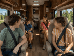 an RV full of kids talking and having fun as the travel on their way to go camping